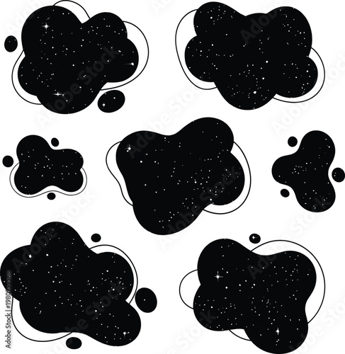 Grunge textured black blob shapes with outline vector set