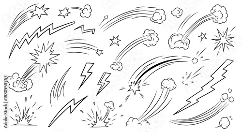 Hand drawn comic book style explosion and lightning bolt effect elements on white background.