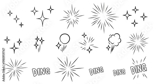 Hand drawn comic style sparkle starburst and ding sound effect icons set isolated on white background.