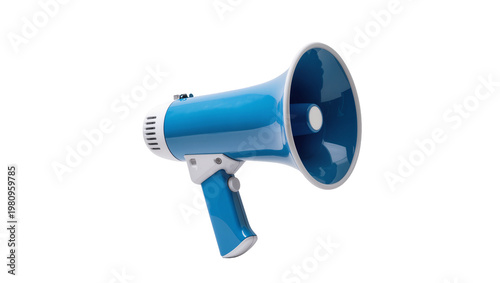 Bild auf Leinwand Isolated blue and white plastic megaphone or bullhorn for announcements and comm