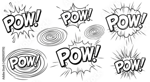 Collection of hand drawn comic book sound effect bubbles with the word pow in various styles.