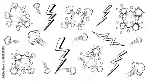 Collection of hand drawn comic book style explosions lightning bolts and smoke clouds in black and white