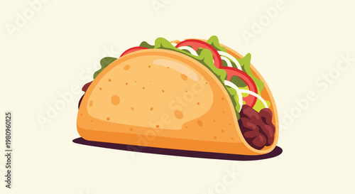 Delicious mexican taco with seasoned meat, lettuce, tomatoes, and cheese in a crispy shell on a simple cream background.