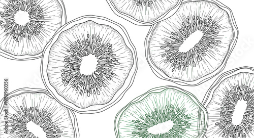 Intricate black and white line art pattern featuring multiple slices of kiwi fruit with detailed seeds and textures.