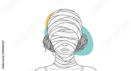 Artistic line drawing of a woman with her head and face partially wrapped in bandages against abstract background shapes.