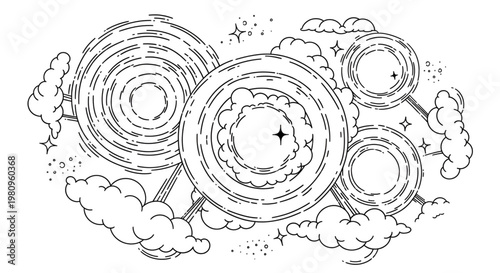 Abstract line art illustration of celestial bodies surrounded by clouds and stars in cosmic setting.