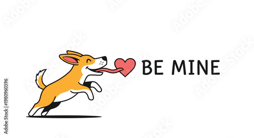 Playful cartoon corgi puppy jumping excitedly while holding a small red heart in its mouth with the text be mine.
