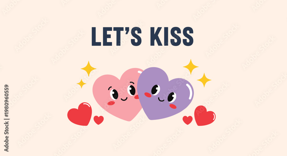 Fototapeta premium Romantic cartoon illustration of two happy heart characters with faces and the text let's kiss on a soft pastel backdrop.