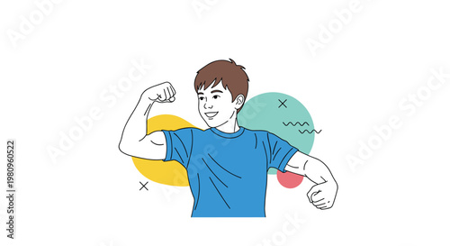 Illustration of a strong young boy flexing his bicep muscles to show health fitness and confidence with abstract background.