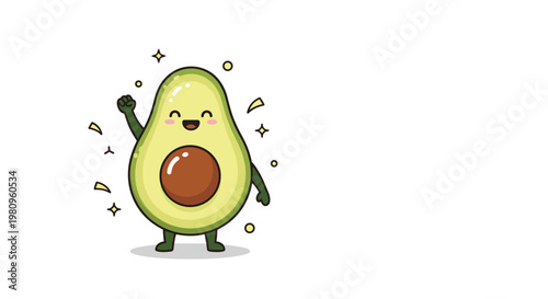 Cheerful cartoon avocado celebrating a victory with a raised fist and floating confetti stars in a fun and active pose.