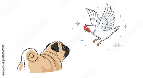 Funny scene showing a curious pug dog from behind looking up at a white chicken flying with sparkles in the air around.