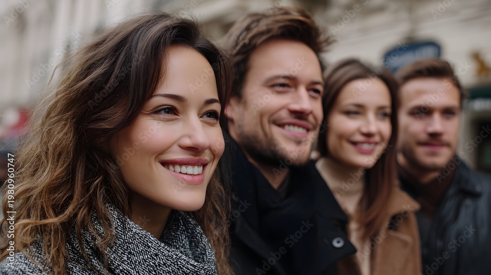 Fototapeta premium Three friends sharing warm smiles together in an urban setting capturing a beautiful moment of friendship and joy