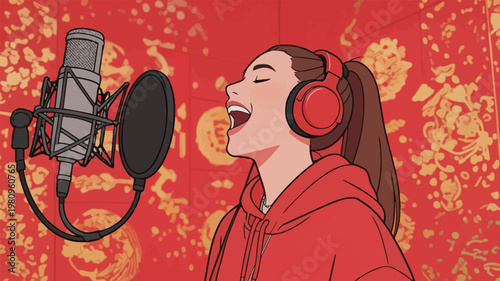 Woman Singing in Recording Studio with Microphone