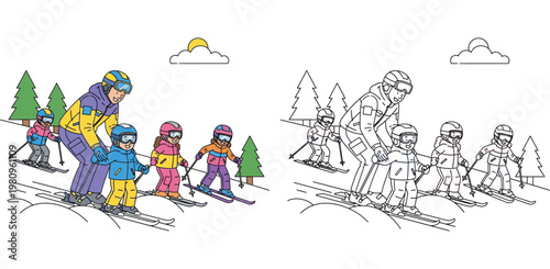 Winter Skiing Lesson Illustration with Kids and Instructor - Colored and Line Art Version for Coloring Book Page - Children Learning to Ski on Snowy Mountain Slope with Pine Trees