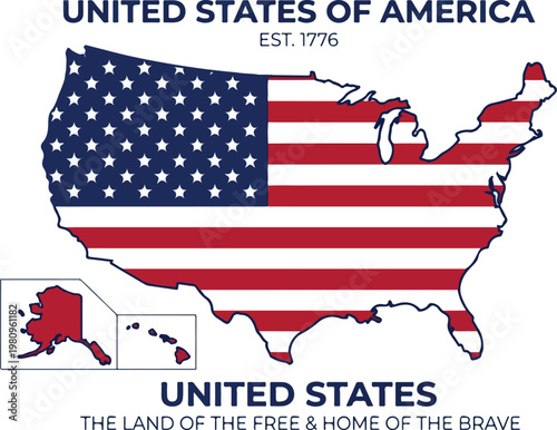 The United States of America flag overlayed on the map of the country, commemorating the nation's founding in 1776 and celebrating freedom and bravery