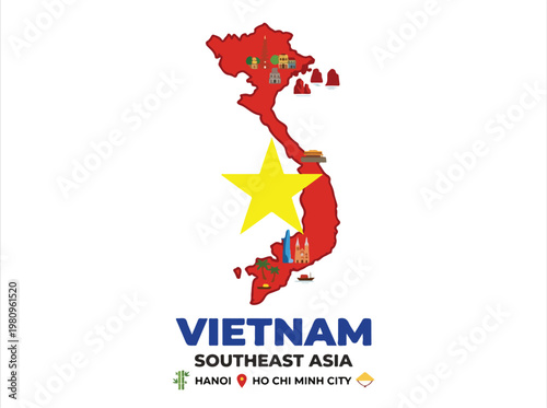 Map of Vietnam featuring its flag and major cities, highlighting Southeast Asian location