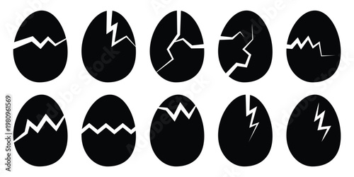Easter egg icon set. Broken Easter egg and cracked egg silhouette symbol elements. Decorated ester eggs vector isolated on white background. Vector illustration.