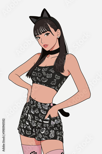 Stylish Anime Girl in Cat Ears Outfit