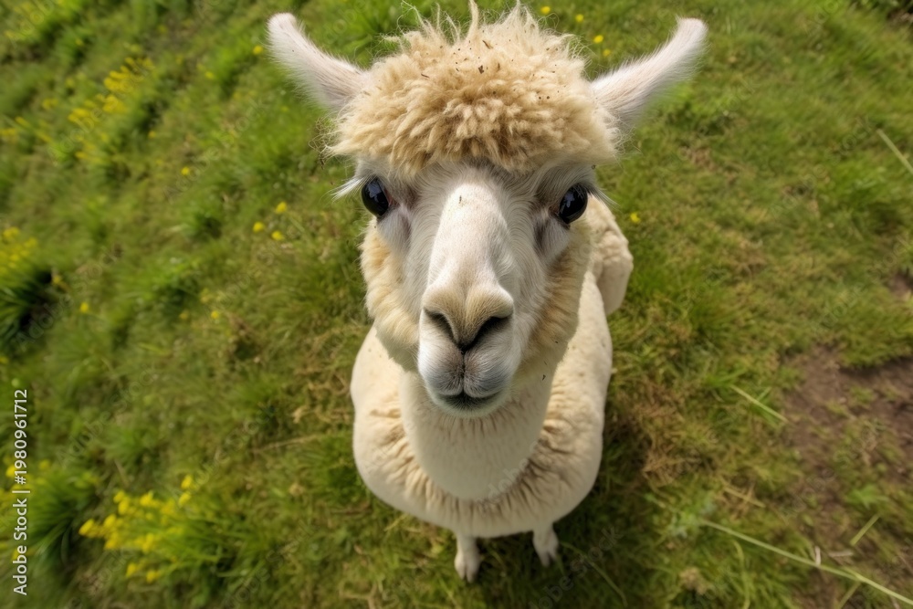 Fototapeta premium Lama looking up at camera on meadow animal livestock mammal.