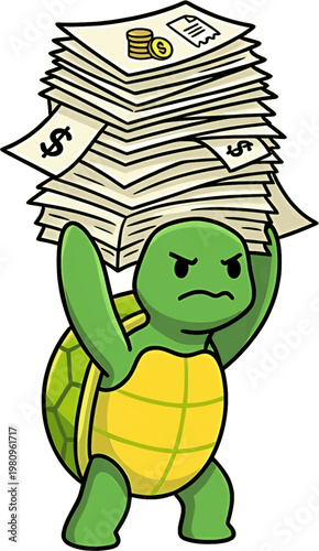 Cute Male Sea Turtle Holding Stack of Invoices for Accounting and Business Paperwork Illustration
