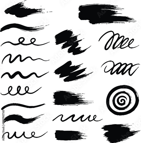 Black hand drawn brush stroke and swirl elements collection