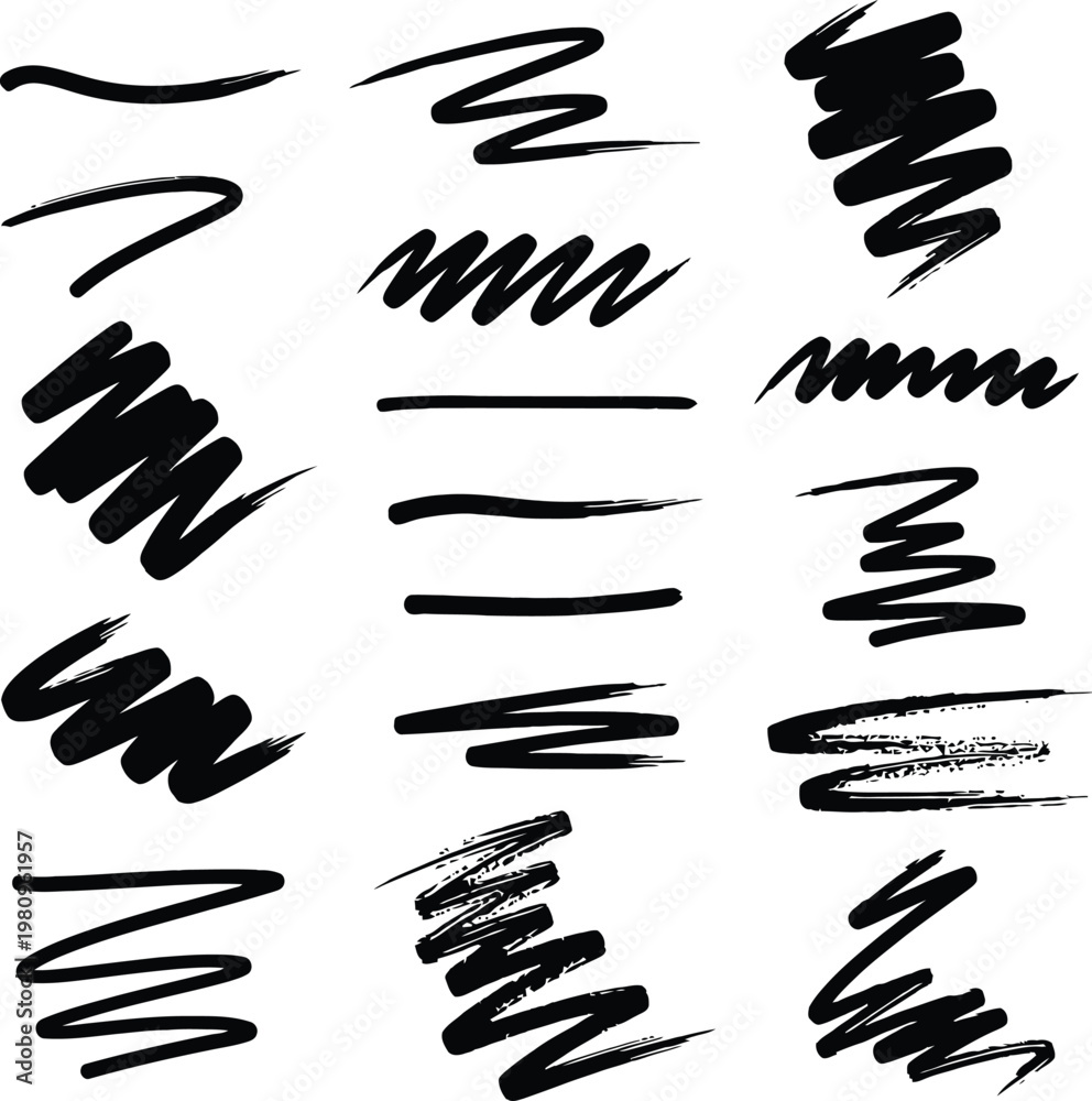 Obraz premium Assorted black ink brush strokes and scribbled lines with brush stroke