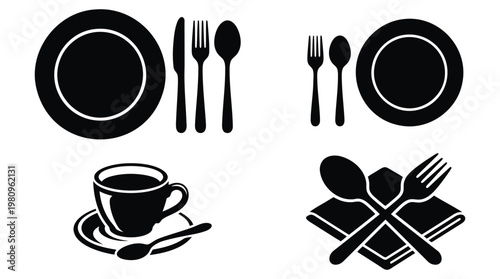 Set of dining ware icons including plates, cutlery, and coffee cup.