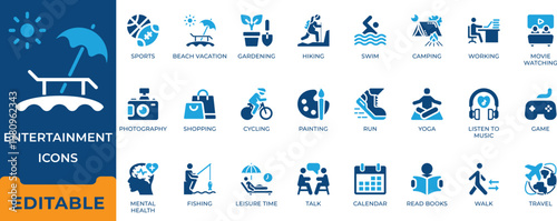 Lifestyle and entertainment icon set featuring beach vacation, travel, hiking, yoga, gardening, photography, music, gaming, and mental health wellness symbols for leisure.