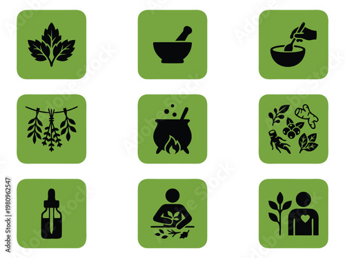 Herbal Medicine Icons Set.