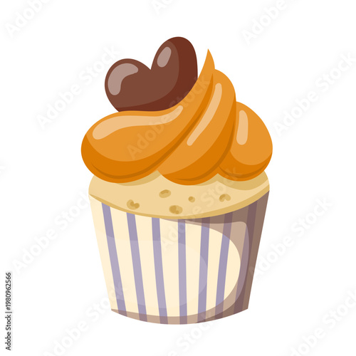 Sweet caramel cupcake with chocolate heart and swirl frosting