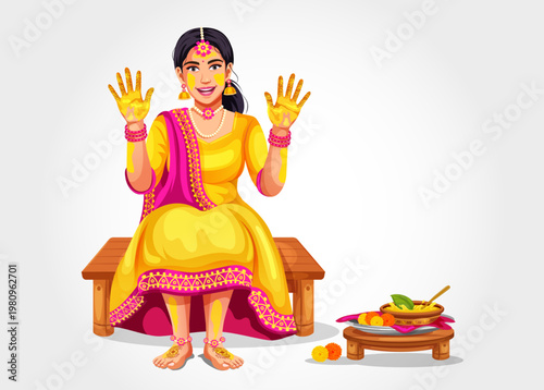 Vector of a smiling, beautiful Indian bride with beautiful mehndi designs on her hands smeared with turmeric during her ritual pre-marriage ceremony. Character for wedding haldi ceremony