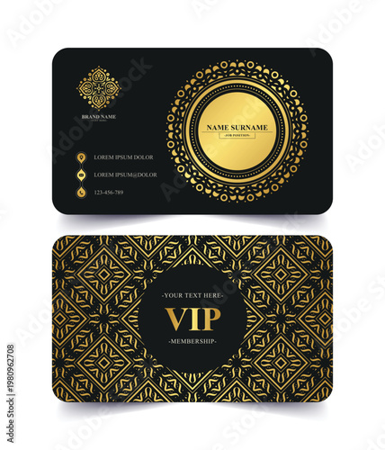 Luxury Gold VIP Membership Card and Business Card Template with Elegant Ornamental Pattern on Black Background