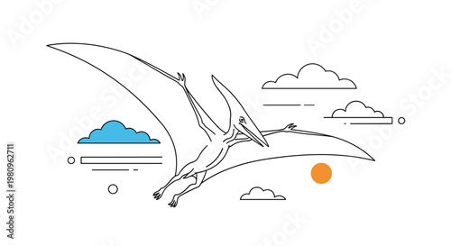 Pterodactyl flying through a clear sky with minimalist clouds and a setting sun in a simple line art style illustration for coloring or design.