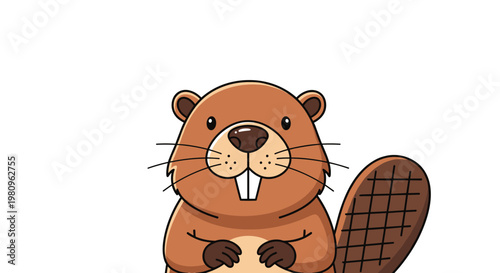 Friendly brown beaver character with large front teeth and a flat tail looking forward in a cute cartoon style illustration for kids.