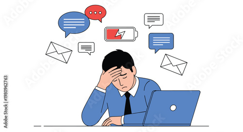 Stressed office worker sitting at a desk with a laptop overwhelmed by numerous digital notifications, emails, and a low battery warning.
