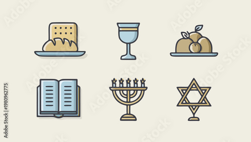 set of 6 jewish passover pesach celebration icons vector