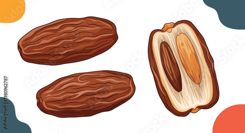 Illustration of dried date fruits showing both whole pieces and a cross section with the seed inside against a clean white background.
