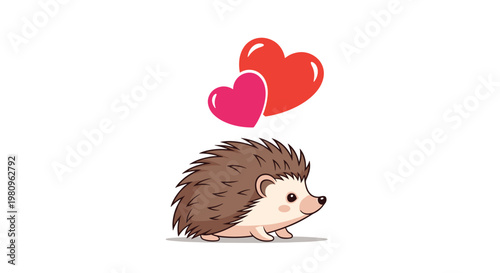 Adorable small hedgehog walking on a white background with two bright red hearts floating above its head to symbolize love and affection.