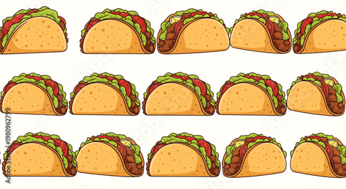 Repeating pattern of numerous delicious and colorful tacos with various fillings like meat, lettuce, and tomatoes in a fun food graphic design.