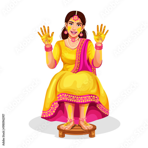 Vector of an Indian Wedding bride in colorful, glamorous traditional attire: lehenga choli. Cultural wedding ritual pre-marriage tradition