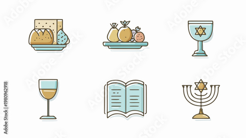 set of 6 jewish passover pesach celebration icons vector