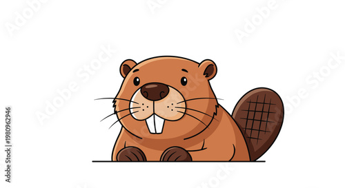 Adorable cartoon beaver character with large front teeth and a flat tail peeking over a edge with a friendly smile on his face.