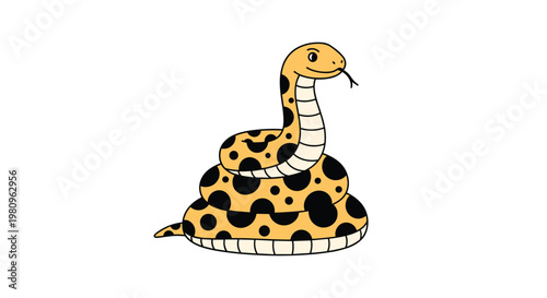 Cartoon illustration of a yellow snake with black spots coiled up and sticking its tongue out on a clean white background.