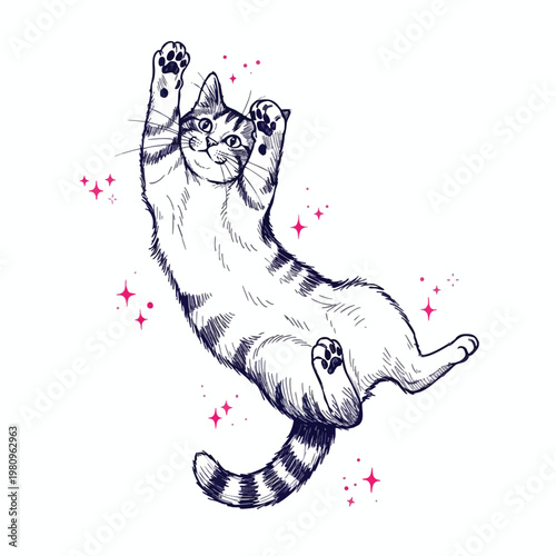 Playful Cat Falling with Sparkles in Bright Illustrative Style