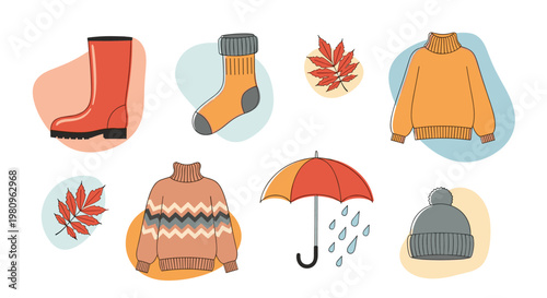 Collection of cozy autumn themed items including boots socks sweaters an umbrella and beanie for cold weather season design.