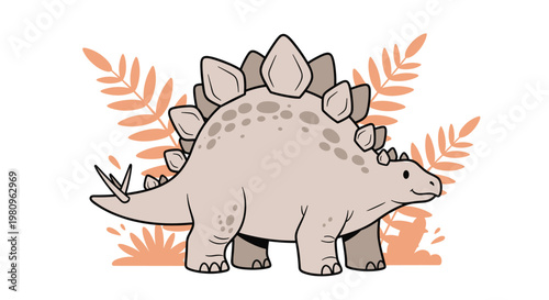 Cute cartoon stegosaurus dinosaur with plates on its back standing among tropical leaves in a prehistoric jungle scene.