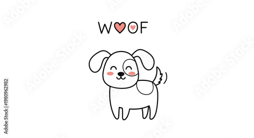Adorable line drawing of a small puppy with a patch on its eye and the word woof with a heart above its head for pet lovers.