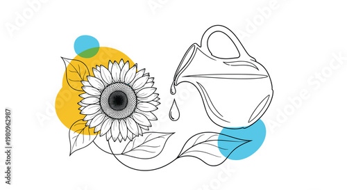Artistic line art of a sunflower and a pitcher pouring oil with colorful abstract blobs for organic product labels and wellness.