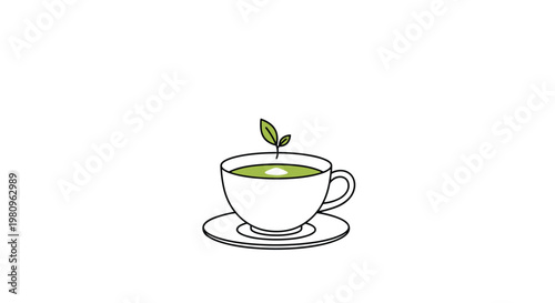 Simple illustration of a cup of green tea on a saucer with a fresh leaf floating on top representing relaxation and health.