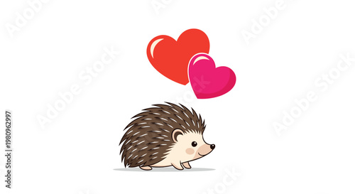 Cute cartoon hedgehog walking with two red and pink floating hearts above its head for a sweet valentine or love greeting.